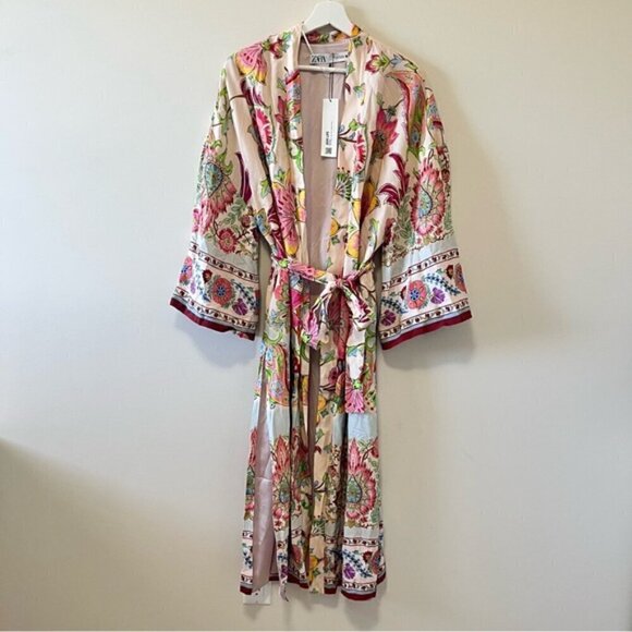 Zara Silky Floral Long Kimono Dress - Picture 5 of 9